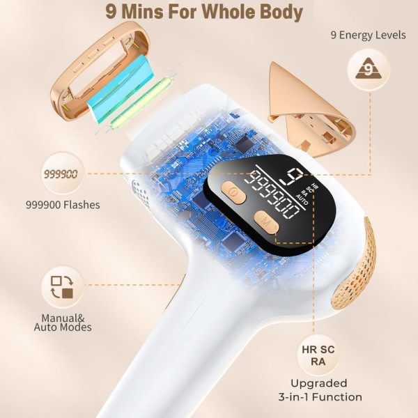 3-i-1 IPL Laser Hårfjerning 9 Levels  Blits depilator for Ansikt Armhuler Armer Bikini Line Bein Hjem Epilator