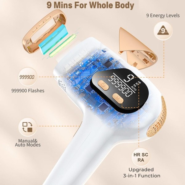 3-i-1 IPL Laser Hårfjerning 9 Levels  Blitz depilator til ansigt armhuler arme bikini linje ben hjem epilator