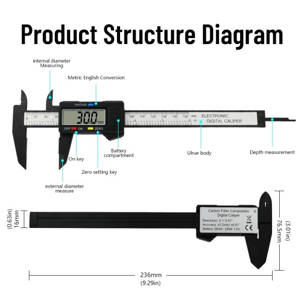 150 mm Elektronisk Digital Bok Kol Fiber Rav Värnier Bokok Mätare Mikrometer Mätningsverktyg