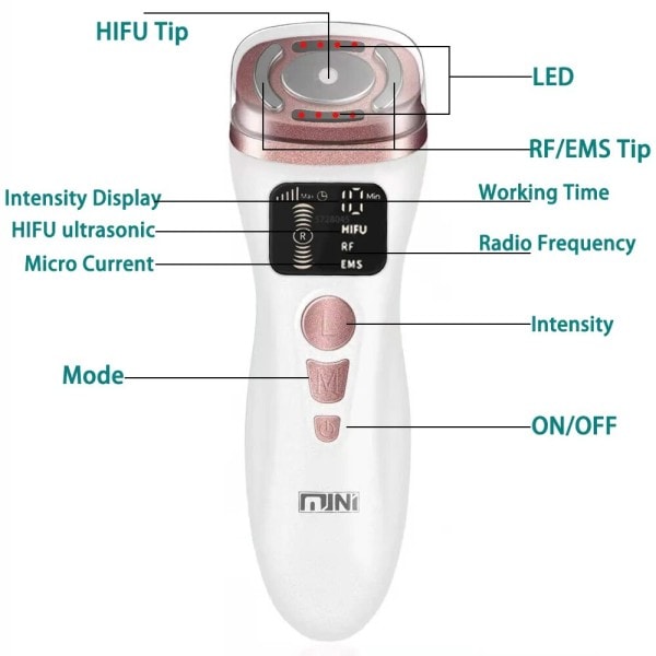 Mini HIFU Maskine Ultralyd Maskine RF Fadiofrecuencia EMS Mikrostrøm Lift Firm Opstramning Hud Rynke Hudpleje