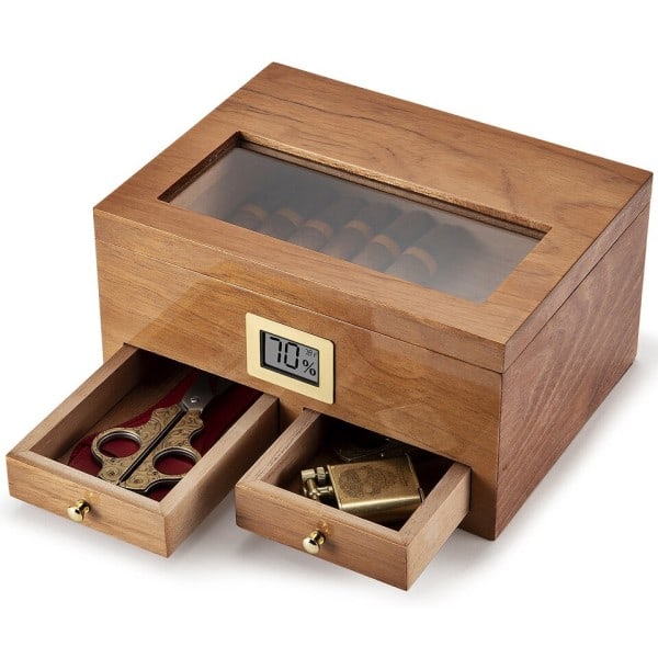 Sigar Humidor Med Hygrometer Luftfukter 2 skuffer Seder Tre Bærbar Humidor Eske