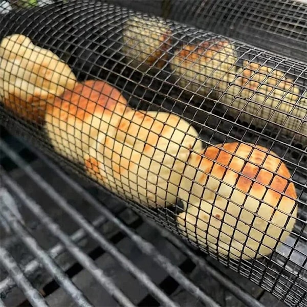 Høj kvalitet Rund BBQ kurv rustfrit stål rullende grillning kurv wire net cylinder grill kurv bærbar udendørs camping grill stativ