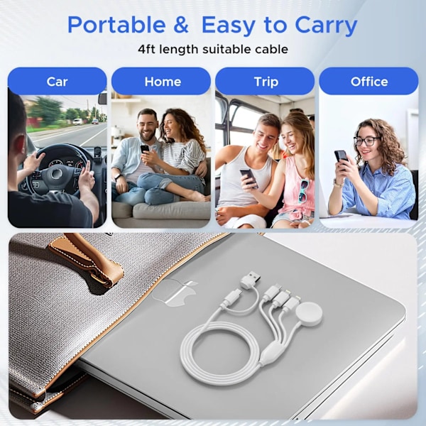 4 i 2 Multi opladning kabel til Apple Watch Oplader USB C kabel