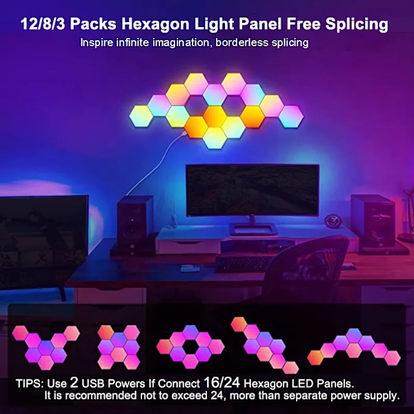 8 stykker RGB LED Heksagon Lys Bluetooth Innendørs Vegg Lys APP Fjernkontroll Kontroll Natt Lys