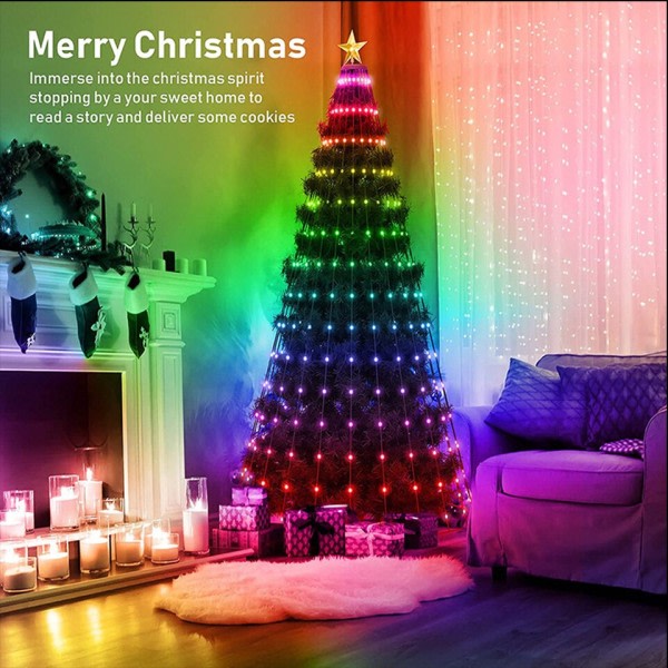 Jul Træ Toppers Lys Flerfarvet Fairy LED Star String Waterfall Xmas APP Bluetooth Home Yard Holiday Decor