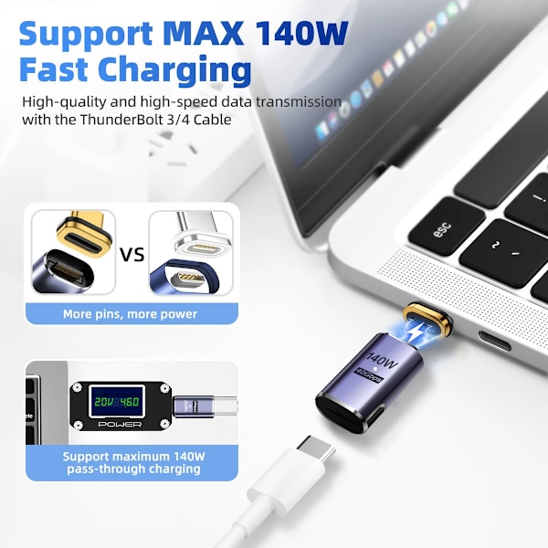 USB4.0 Thunderbolt3 Magnetisk USB C Till Typ C Adapter 140W 40Gbps Snabb laddning magnet laddning omvandlare kabel