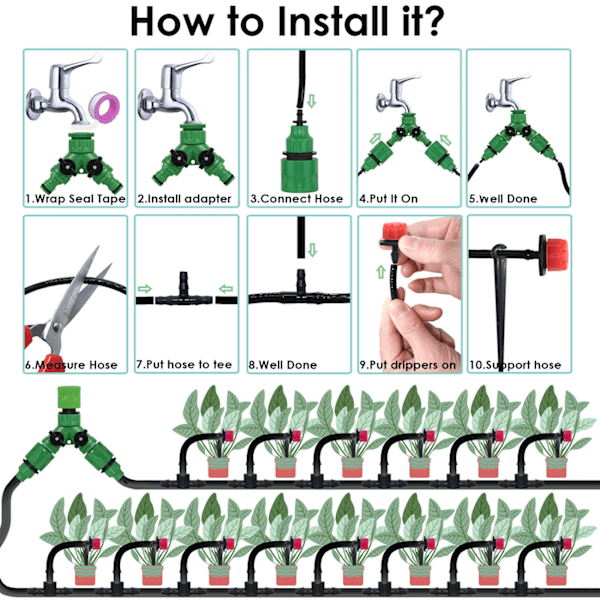 20 Meter och 24 Trädgård Dropp Bevattning Automatisk Vattning System Kit 1/4'' Munstycken för Bonsai kruka Växt Gräsmat Blomma Grönsak Växthus
