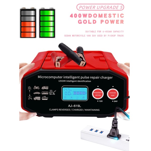 Bil batteri lader høy effekt 400W LED skjerm hurtig lading 12V-24V smart puls reparasjon