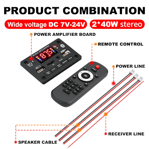 Bluetooth 5.0 MP3 Dekoder Bord 2*40W 80W Forsterker Lyd spiller