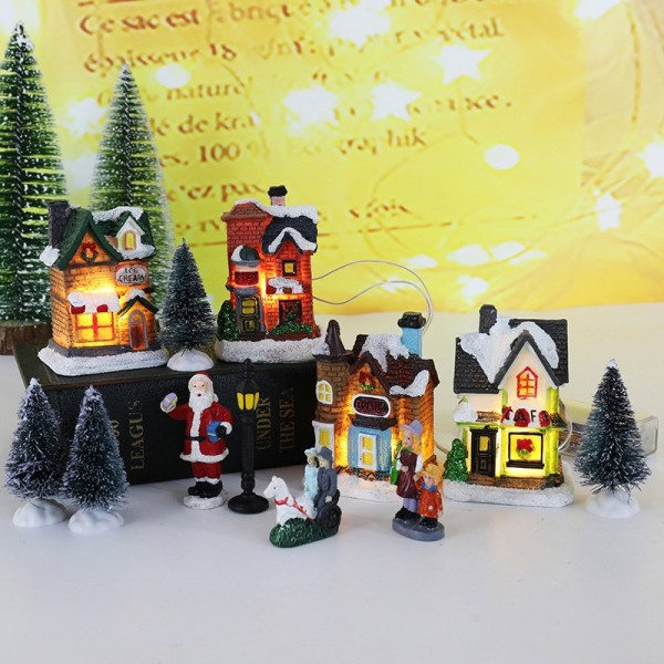 LED Harts Jul By Ornament Set Figuriner Dekoration Jultomte Fall Nålar Snö Utsikt Hus
