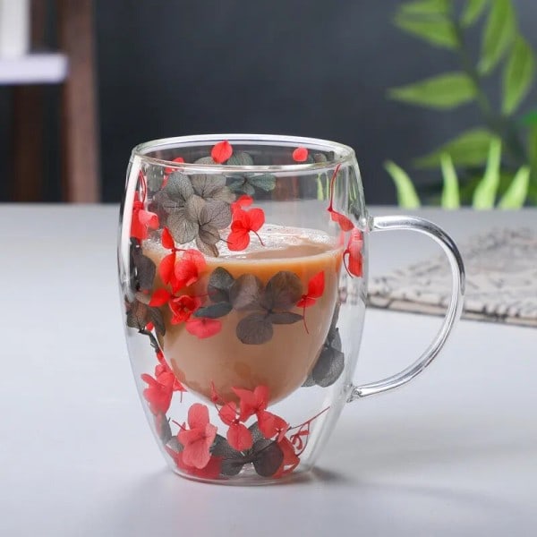Creative Dubbel Vägg Kaffe Mugg Riktig Torkad Blomma Filler Glas Muggar Jul presenter