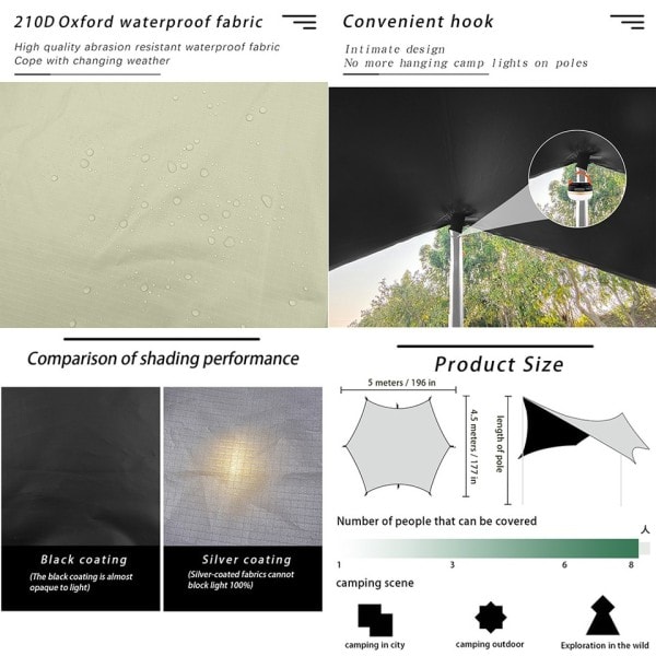 Svart Beläggning Presenning Vattentät Hexagonal Tält Camping Ute Skärm Presenning Tält Shelter Solskydd Flysheet