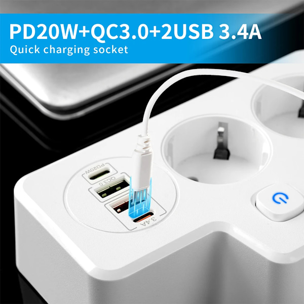 EU Plug Uttag Power Strip Vägg Socket Expansion Plug PD QC3.0 Snabb Charge Multitap USB Laddare