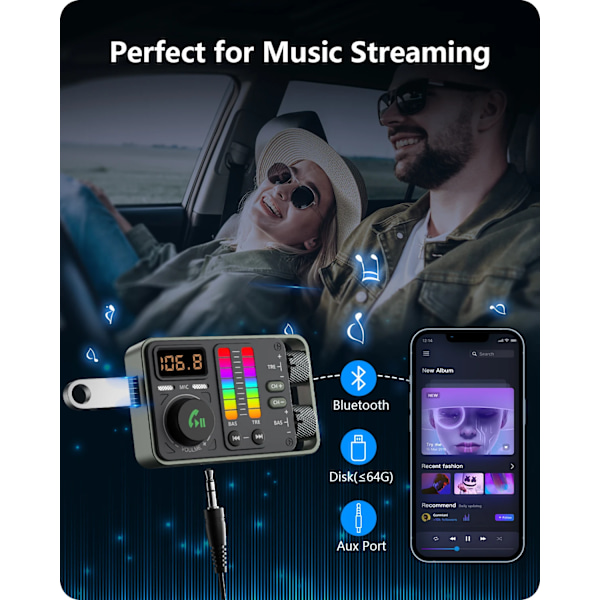 Bluetooth 5.3 Bil FM Sändare Hi-Fi Diskant & Bas Musik spelare