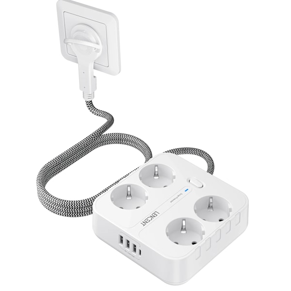 EU Stik Strøm Strip med 4 AC Udtag+ 3 USB+ 1 Type C +3M Flettet Kabel Multi Socket