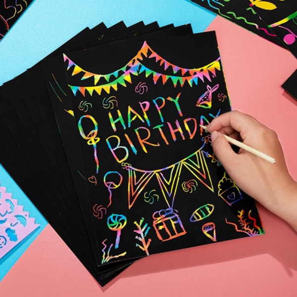DIY Magic Rainbow Färg Scratch Konst Papper Kort Set Med Graffiti Stencil Teckning Tavla