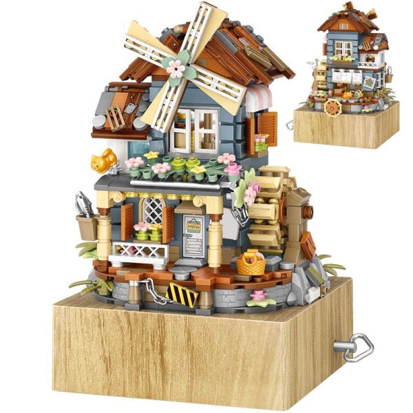 Mini kaupunki kukka tuulimylly talo musiikki laatikko rakennus palikat ystävät figuurit arkkitehtuuri tiilet lelut