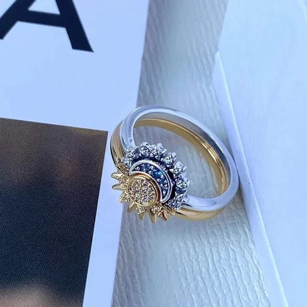 Himmelsk Blå Glitrende Måne Sol Ring For Kvinner Cocktail Stablebar Finger Band