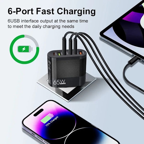 3.1A 6 in 1 3USB 3PD Laddare QC3.0 Snabb laddning Snabb laddare