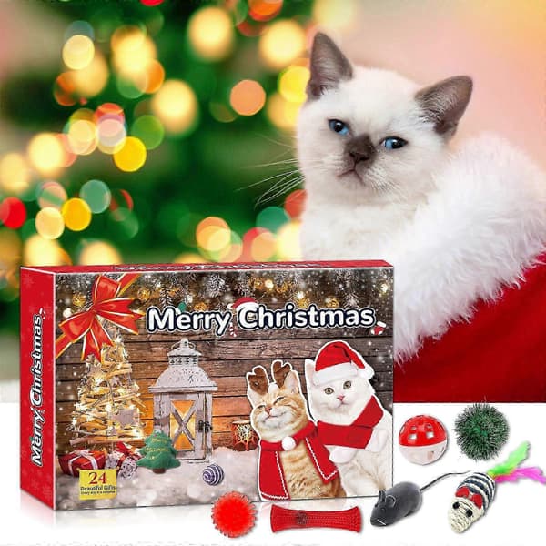 Julekalender til katte 2026, 24 stk. kalender til katte, julekalender med kattelegetøj, jule-\"blind box\" til katte