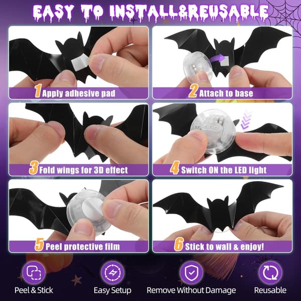 LED Flaggermus og Edderkopp Halloween-dekorasjoner, Interiørdekorasjon, 3D Lysende Flaggermus Veggdekor bat 12Pack