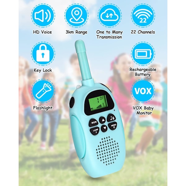 2-pack Walkie Talkies för barn, 22 kanaler LCD-display