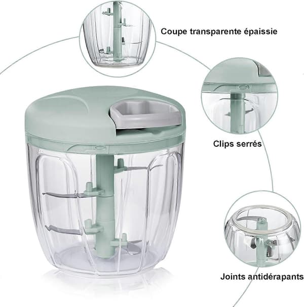 Manuel løghakker med 3 knive i rustfrit stål. Multifunktionel hakker og blender til løg, hvidløg, kød, nødder og andre fødevarer.