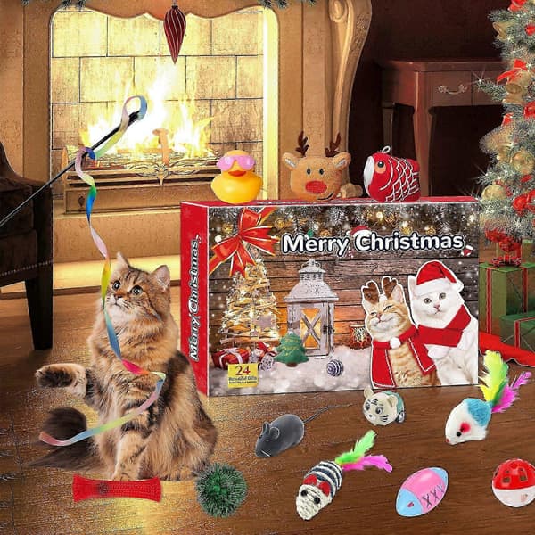 Julekalender til katte 2026, 24 stk. kalender til katte, julekalender med kattelegetøj, jule-\"blind box\" til katte