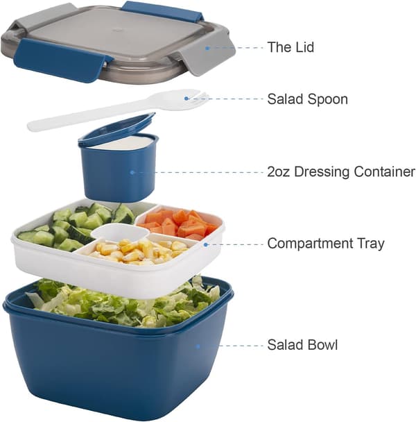 Salatmatboks for reise, for salatpålegg, snacks, menn, kvinner, med 3 rom