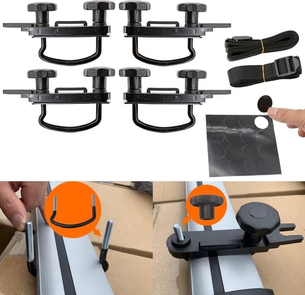 4-delad universal takbox U-bultklämma - 83 mm innerbredd, utrustad med 8 låsmuttrar och 2 remmar