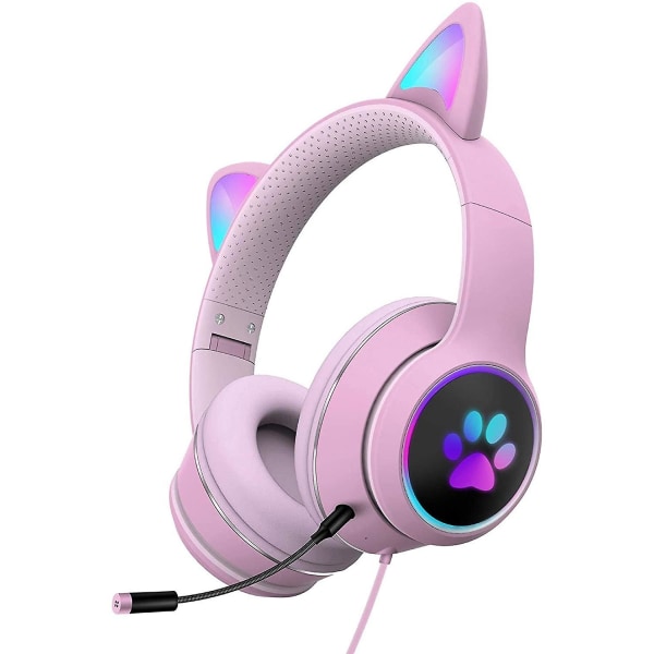 (rosa)cat Ear Bluetooth,rgb Wireless Bluetooth 3.5 Cat Ear-hörlurar, brusreducerande spelheadset med led-ljus, vikbart över örat Bluetooth huvud