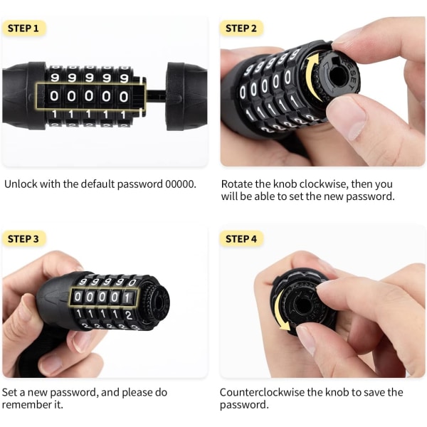 Code cykelkedjelås, hopfällbart cykellås, högsäkerhetsstål 5-positions kombinationslås för cykel, motorcykel, skoter, cykling svart