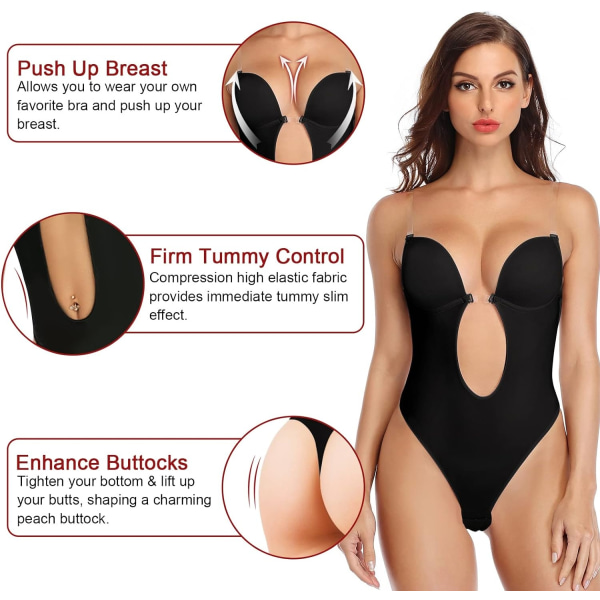 Kvinnor kastar rygglös Body Shaper-bh (svart), Osynlig rygglös bodysuit för bröllop, sömlös rygglös