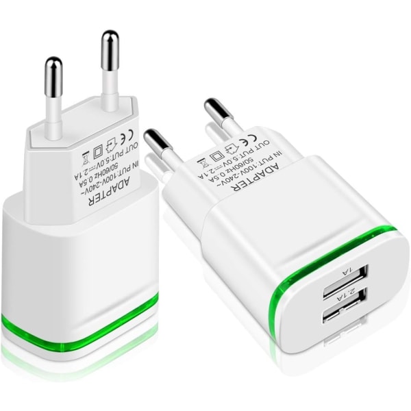 USB Power Plug Laddare, 2-Pack 2.1A 5V 2-Port Universal Power Adapter LED-ersättning för iPhone 11 XR X XS Max 8 7 6 6S Plus 5S, Samsung Galaxy/N00
