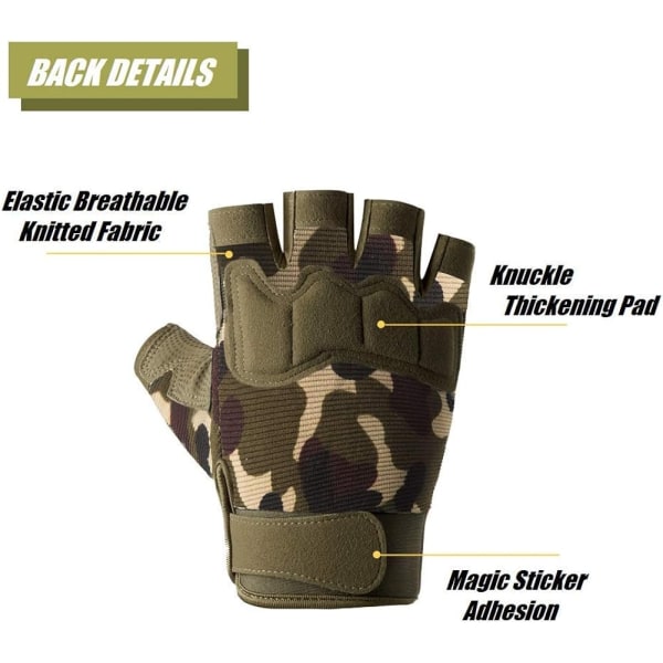 (L)Taktiska fingerlösa handskar, kamouflage, lätta, andningsbara och skyddande utomhus militär G