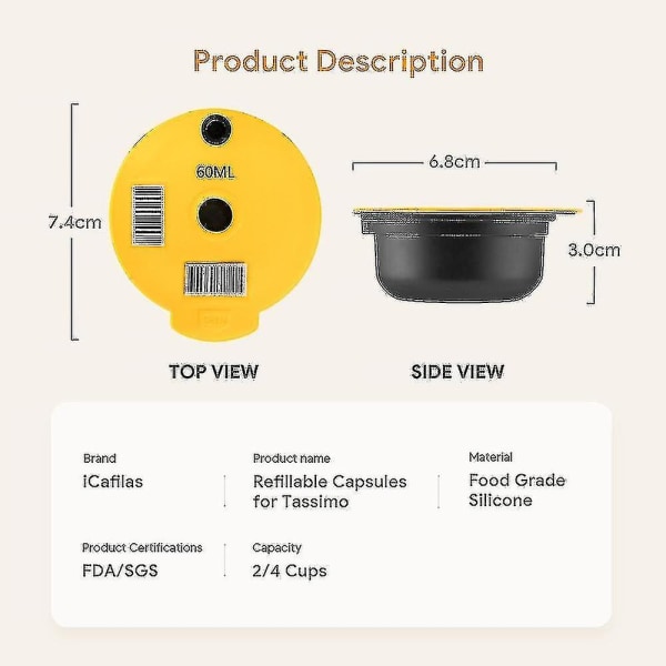 Icafilas återanvändbar kaffekapsel 60/180 ml för Tassimo Bosch-maskin påfyllningsbar filterkopp Pod Espressobryggare Livsmedelsklassad silikon00