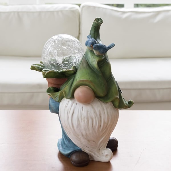 Resin Trädgårdsfigur - Jultomte Skäggig Tomte med kristallkula och Solar LED-ljus, trädgårdsgräsmatta utomhusdekoration, prydnadspresent