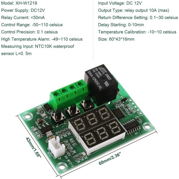 2st XH-W1219 Digital termostatmodul DC 12V-50~110℃ Elektronisk temperaturkontrollkortsbrytare Vattentät sensorsond Dubbelröd + Röd LED Dis