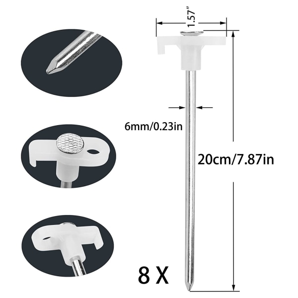 8x Ståltältpinnar - Slitstarka långa pinnar med plastram för camping