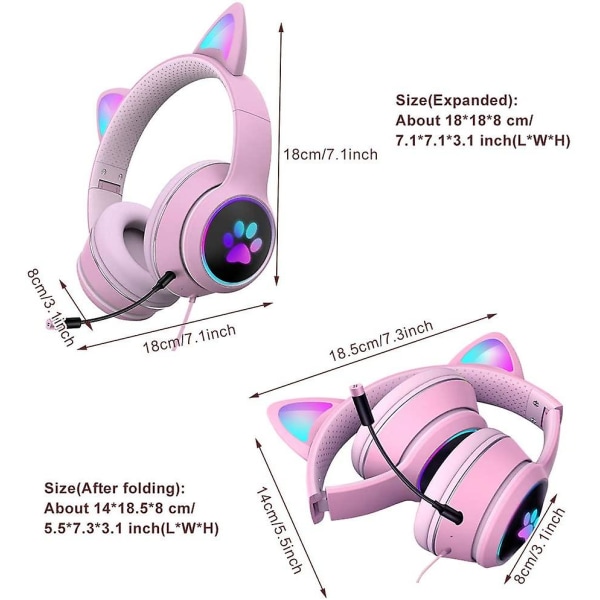 (rosa)cat Ear Bluetooth,rgb Wireless Bluetooth 3.5 Cat Ear-hörlurar, brusreducerande spelheadset med led-ljus, vikbart över örat Bluetooth huvud