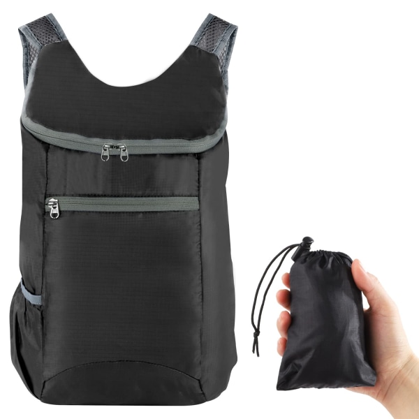 Ultralätt hopfällbar ryggsäck, liten vattentät ryggsäck Vikbar reseryggsäck svart