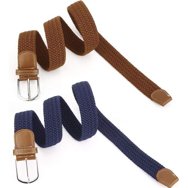 Förpackning med 2 flätade stretchbälten för kvinnor, stretchbälten, elastiska bälten för män i tyg, dambälten för jeans blå brun
