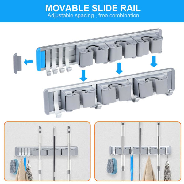Väggmonterad kvasthållare, väggmonterad mopphållare Mopp- och kvasthållare med spår och krokar Hållare för hem, kök, garage, trädgård 3 fack och 4 krokar