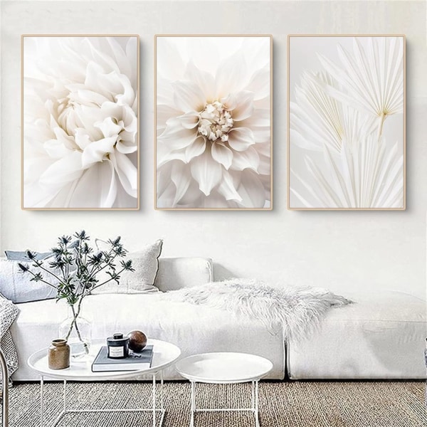 Sett med 3 plakater hvit rose blomsterbilder, uten ramme veggbilder, Boho bildesett veggdekorasjon f