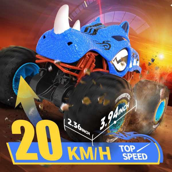 DEERC High Speed ​​Stunt -kaukosäätimellä varustettu monsteriauto pojille, pystyssä 360° kääntyvä 4WD RC-auto LED-valoilla, suihkutusvesisumu, 2 akkua,