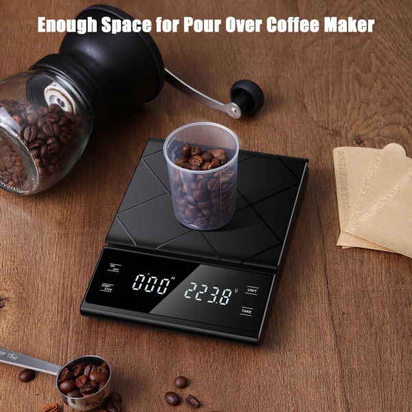 Digital kaffevåg med timer upp till 3 kg/0,1 g, batteridriven espressovåg med LED-pekskärm (batterier ingår ej) Svart