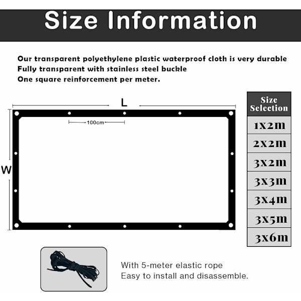 Transparent vandtæt presenning med øjer, transparent vandtæt presenning, fremstillet af vejrbestandig polyethylen (2x2m)
