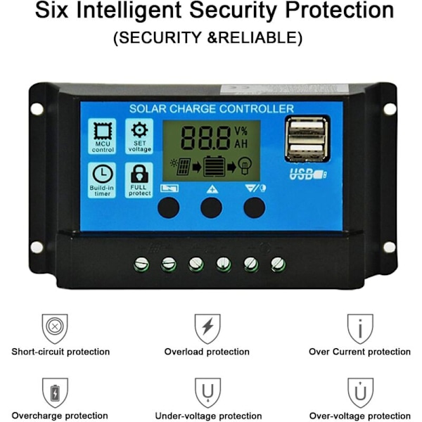 Solcelleladningsregulator, Dobbelte USB-porte Intelligent Solpanel Batteriregulator, Multifunktionel Justerbar LCD-skærm Gadelampecontroller, 12V