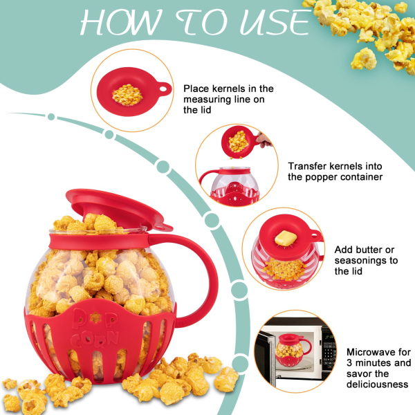 Popcornpopper i glas i mikrovågsugn, 2,25 quarts original popcornburk med silikonlock, BPA-fri, tål diskmaskin red