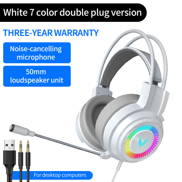 Computer headset 7.1 kanals headset med ledning G58 headset gaming headset med mikrofon White colorful 3.5MM